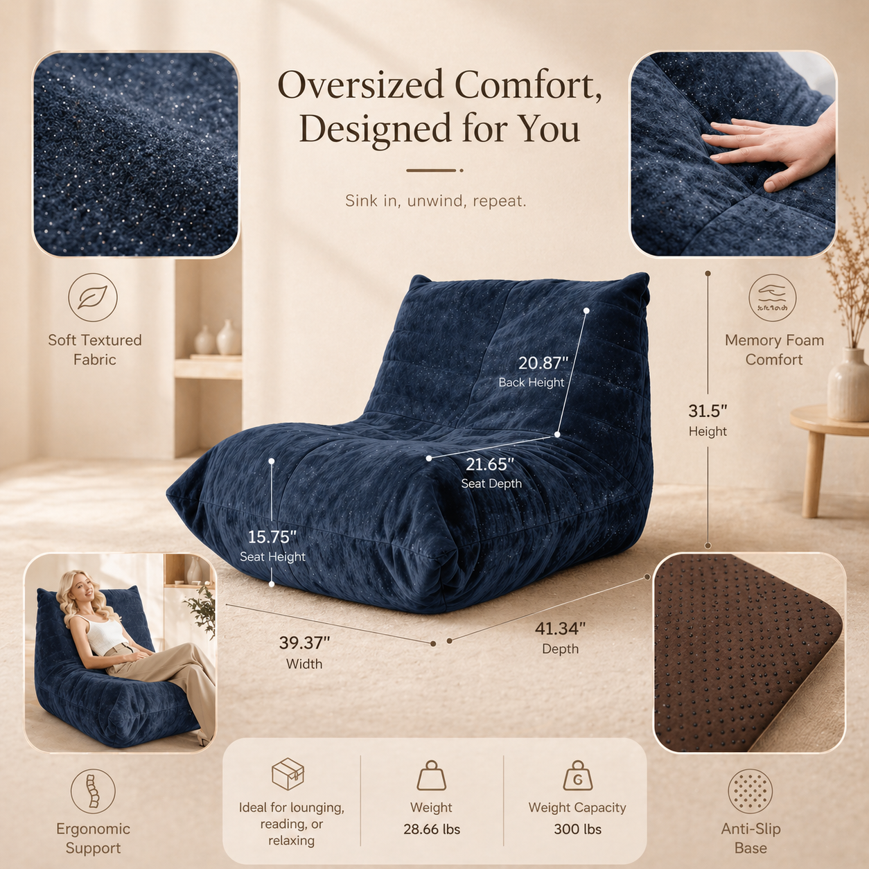 Blue bean bag chair with measurements and features on a beige background