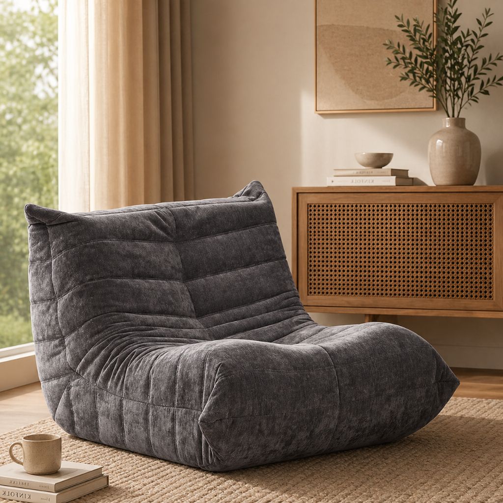 Gray bean bag chair in a living room setting with a wooden cabinet and plant.