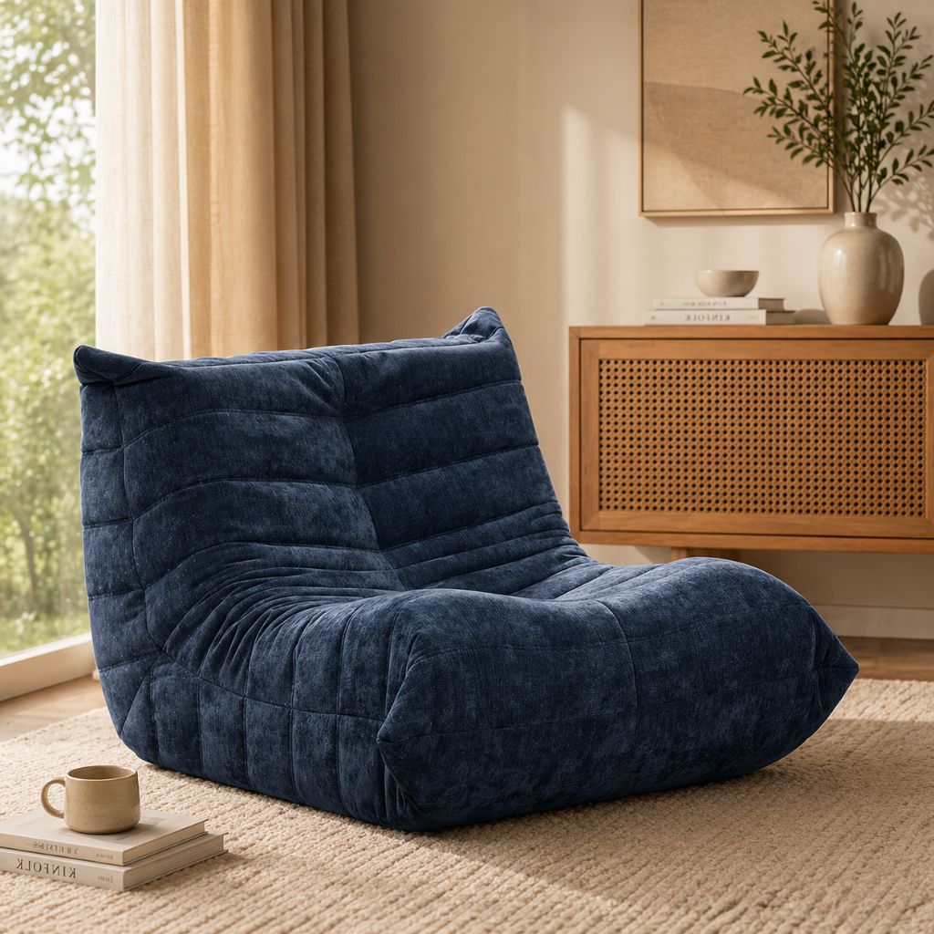 Blue bean bag chair in a room with a window, books, and a plant.