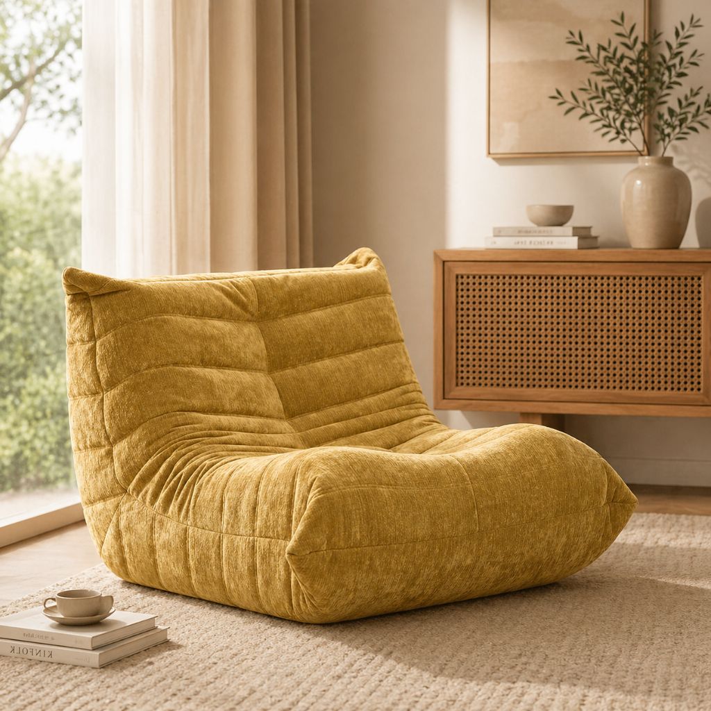 Yellow bean bag chair in a cozy living room with a wooden cabinet and window.